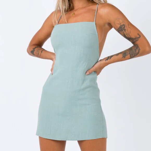 Princess Polly Sage Linen Halter Mini Dress Size 8 US - Picture 1 of 9